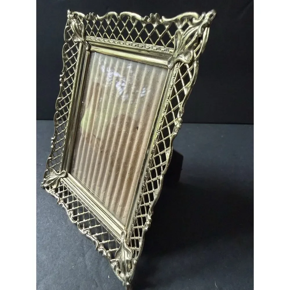 Vintage Ornate Gold Tone Metal Filigree Lattice Picture Frame 3x5 Cottagecore